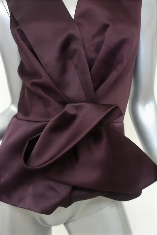 Balenciaga Fold Drape-Front Top Burgundy Satin Size 36 Sleeveless Blouse