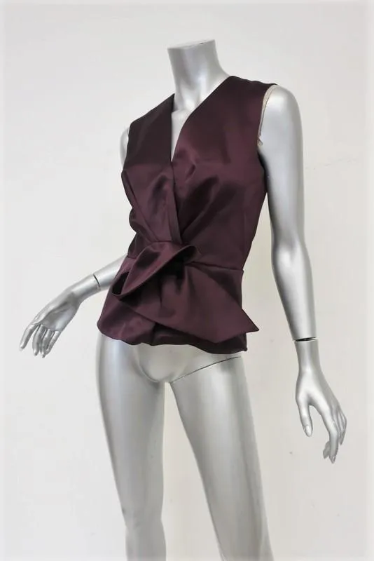 Balenciaga Fold Drape-Front Top Burgundy Satin Size 36 Sleeveless Blouse