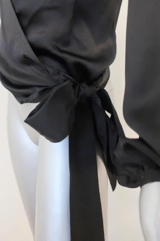 Barbara Bui Initials Wrap Top Black Satin Sz Extra Small Long Sleeve Blouse NEW