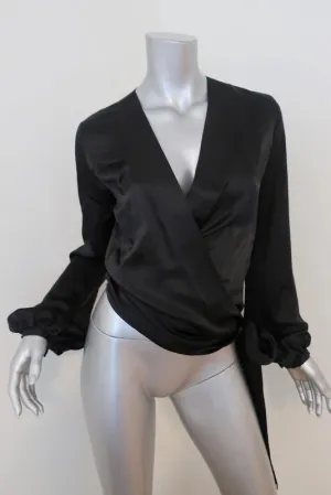 Barbara Bui Initials Wrap Top Black Satin Sz Extra Small Long Sleeve Blouse NEW