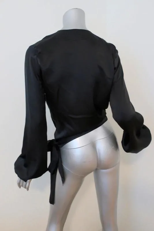 Barbara Bui Initials Wrap Top Black Satin Sz Extra Small Long Sleeve Blouse NEW