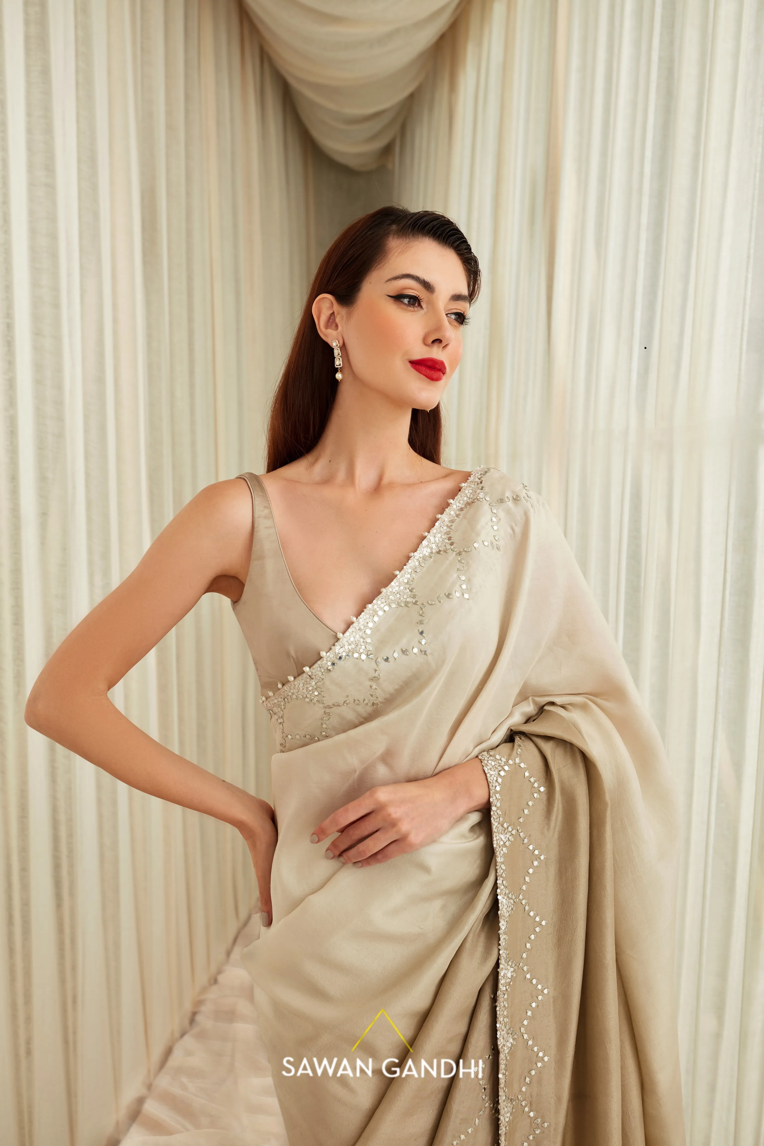 Beige Grey ombree saree set
