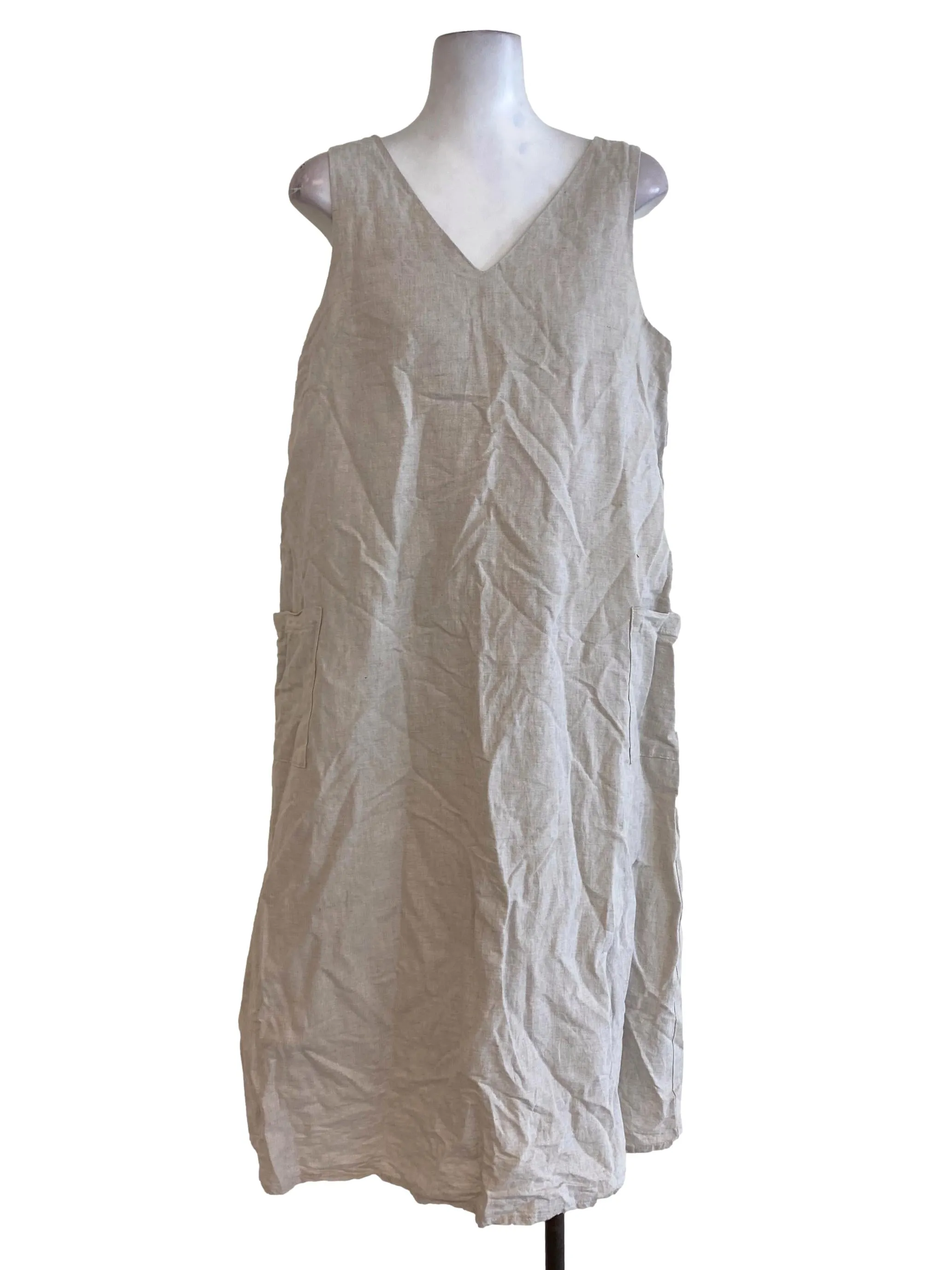 Beige Twill V Neck Dress