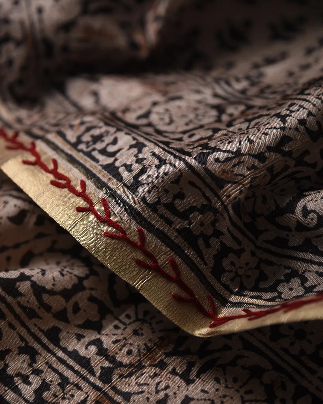 Beige With Black Chanderi Silk Blend Hand Block Printed With Embroidery Saree With Chanderi Silk Embroidered Blouse