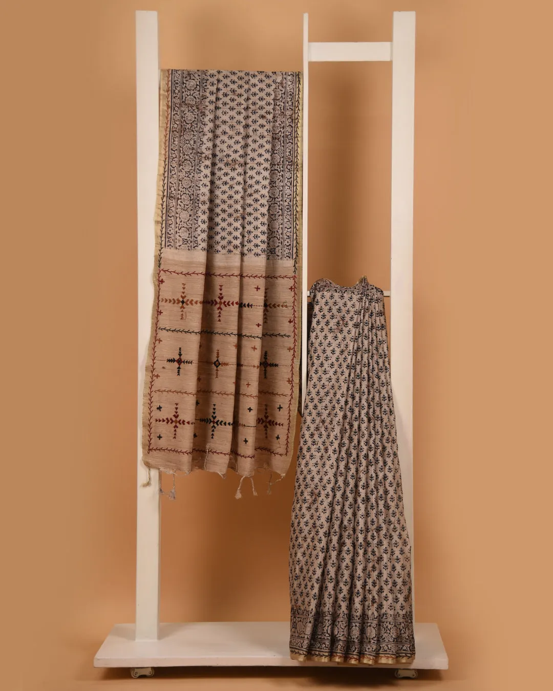 Beige With Black Chanderi Silk Blend Hand Block Printed With Embroidery Saree With Chanderi Silk Embroidered Blouse