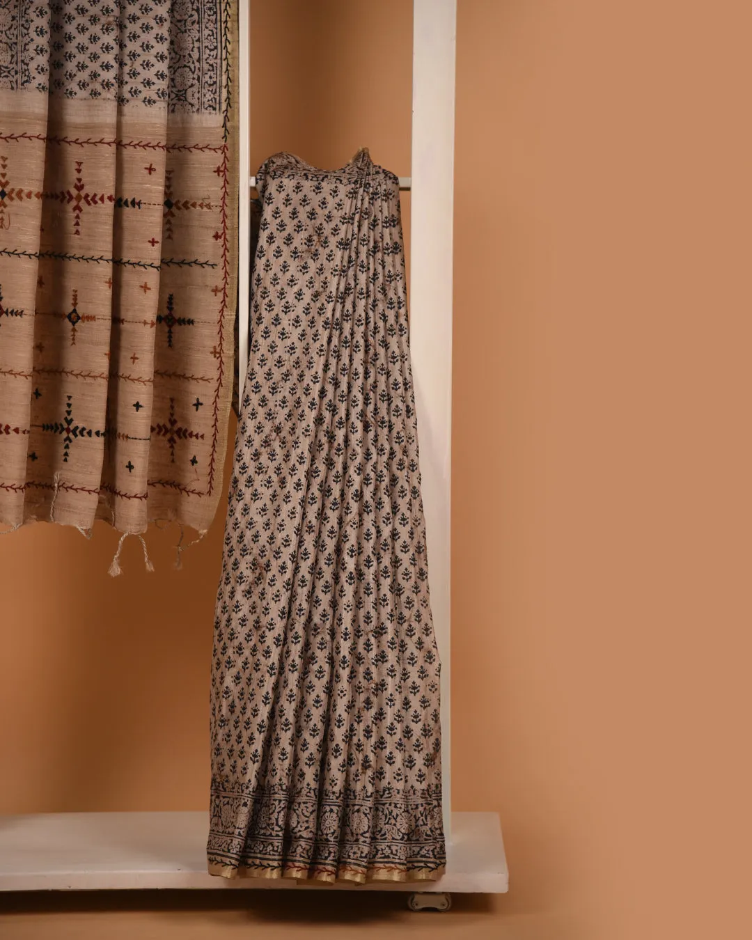 Beige With Black Chanderi Silk Blend Hand Block Printed With Embroidery Saree With Chanderi Silk Embroidered Blouse