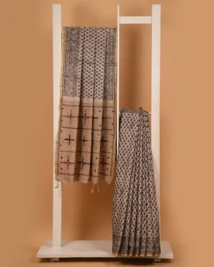 Beige With Black Chanderi Silk Blend Hand Block Printed With Embroidery Saree With Chanderi Silk Embroidered Blouse
