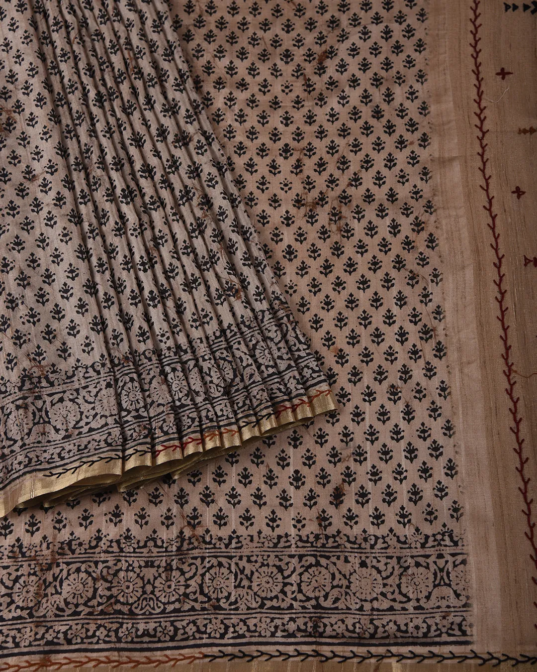 Beige With Black Chanderi Silk Blend Hand Block Printed With Embroidery Saree With Chanderi Silk Embroidered Blouse