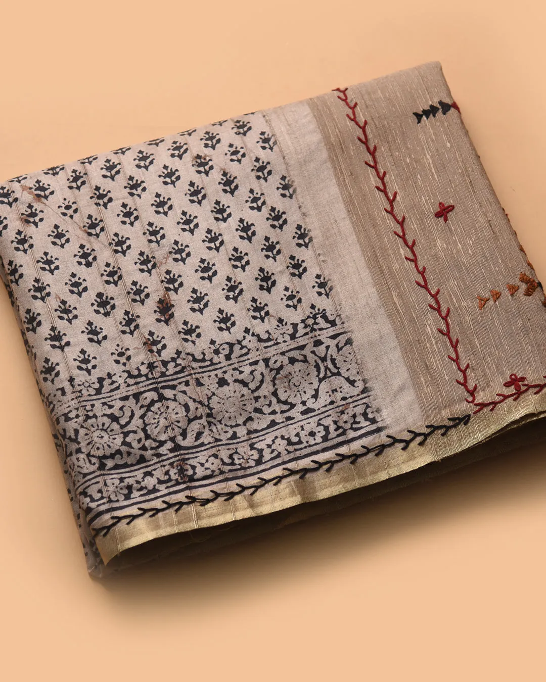 Beige With Black Chanderi Silk Blend Hand Block Printed With Embroidery Saree With Chanderi Silk Embroidered Blouse