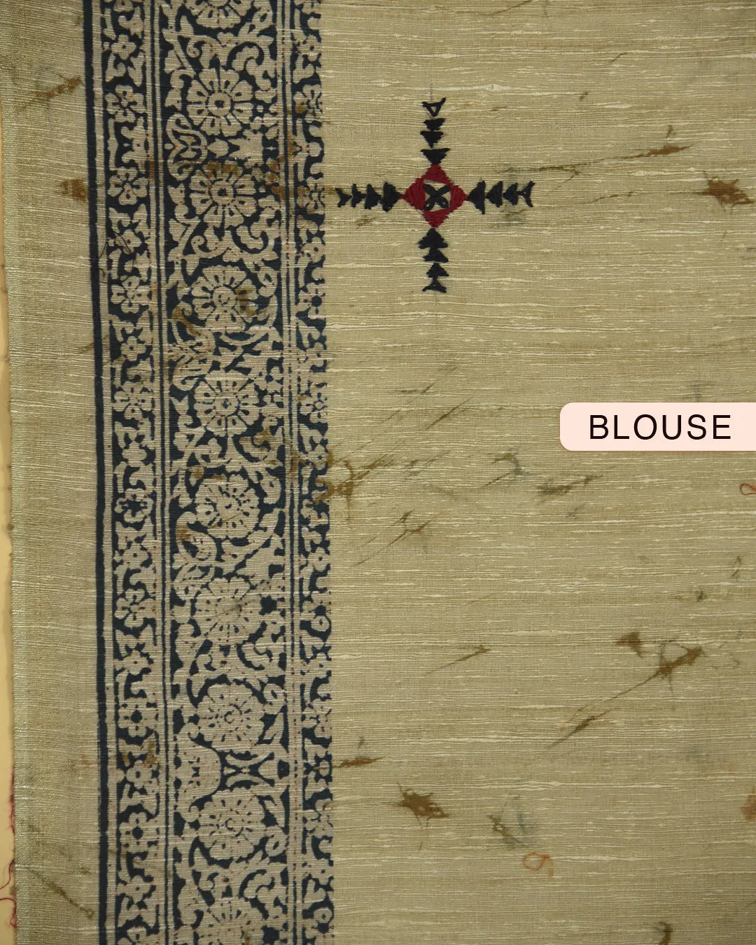 Beige With Black Chanderi Silk Blend Hand Block Printed With Embroidery Saree With Chanderi Silk Embroidered Blouse