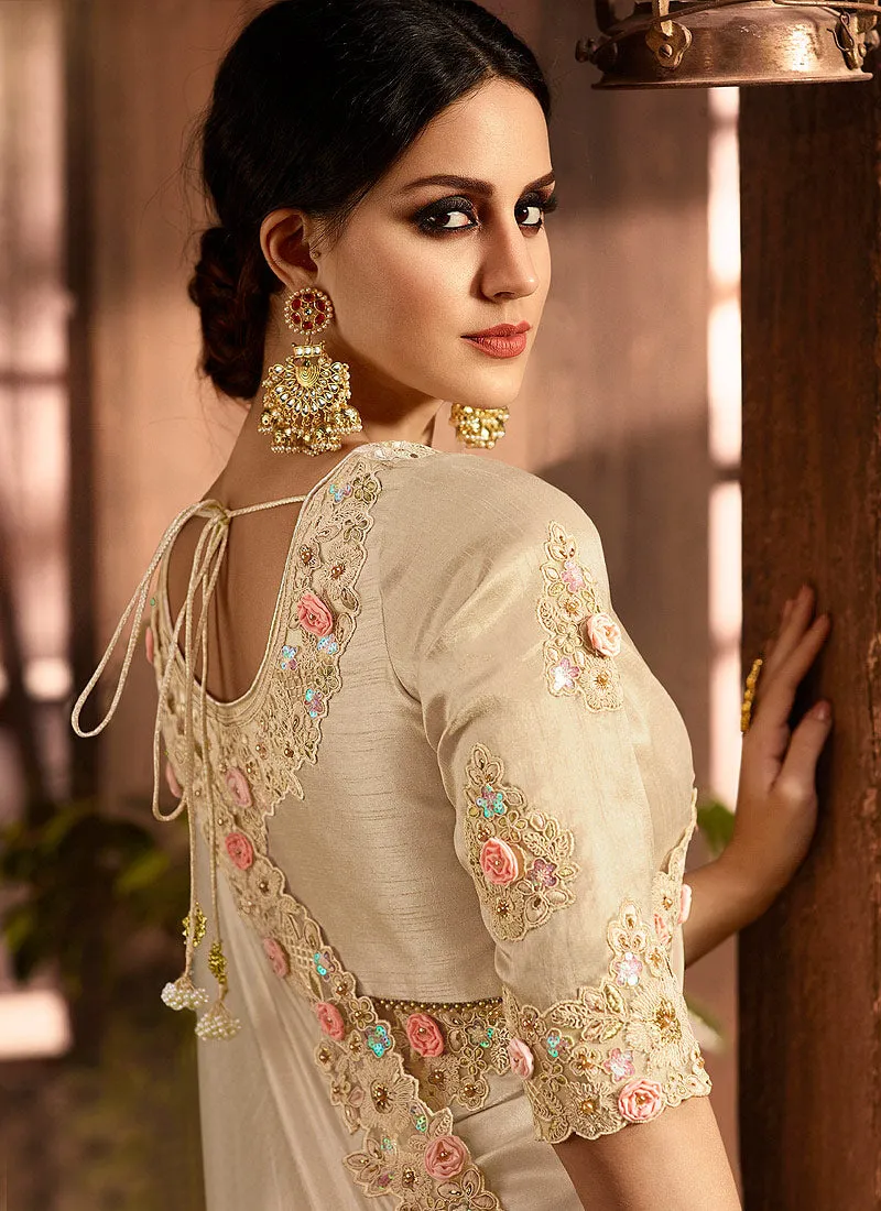 Beige With Golden Pallu Embroidered Designer Saree