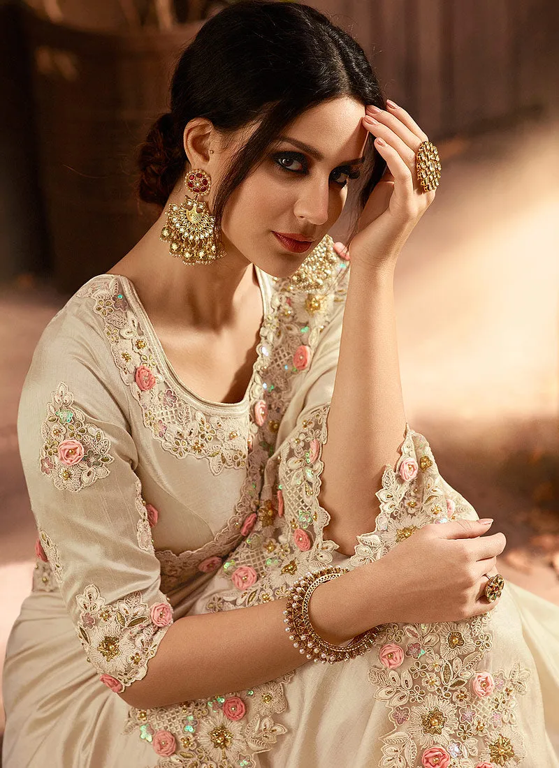 Beige With Golden Pallu Embroidered Designer Saree