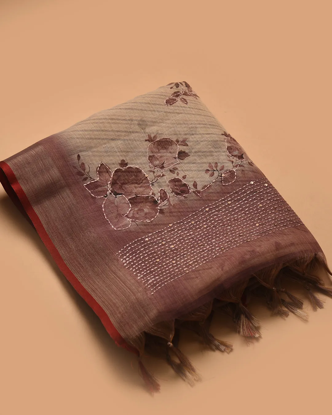 Beige With Pinkish Brown Linen Blend Printed With Embroidery Saree With Linen Blend Blouse