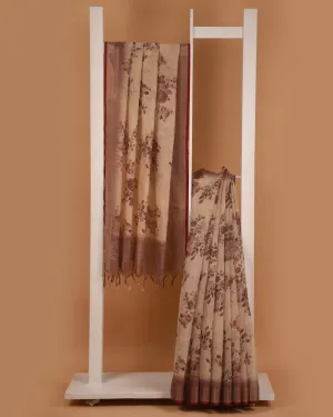 Beige With Pinkish Brown Linen Blend Printed With Embroidery Saree With Linen Blend Blouse