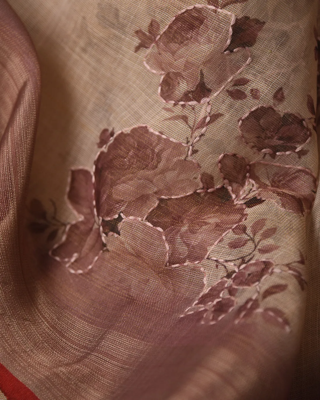 Beige With Pinkish Brown Linen Blend Printed With Embroidery Saree With Linen Blend Blouse