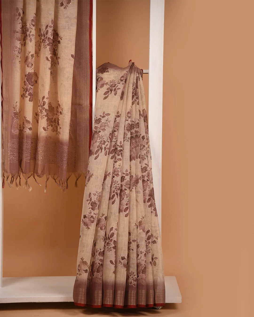 Beige With Pinkish Brown Linen Blend Printed With Embroidery Saree With Linen Blend Blouse