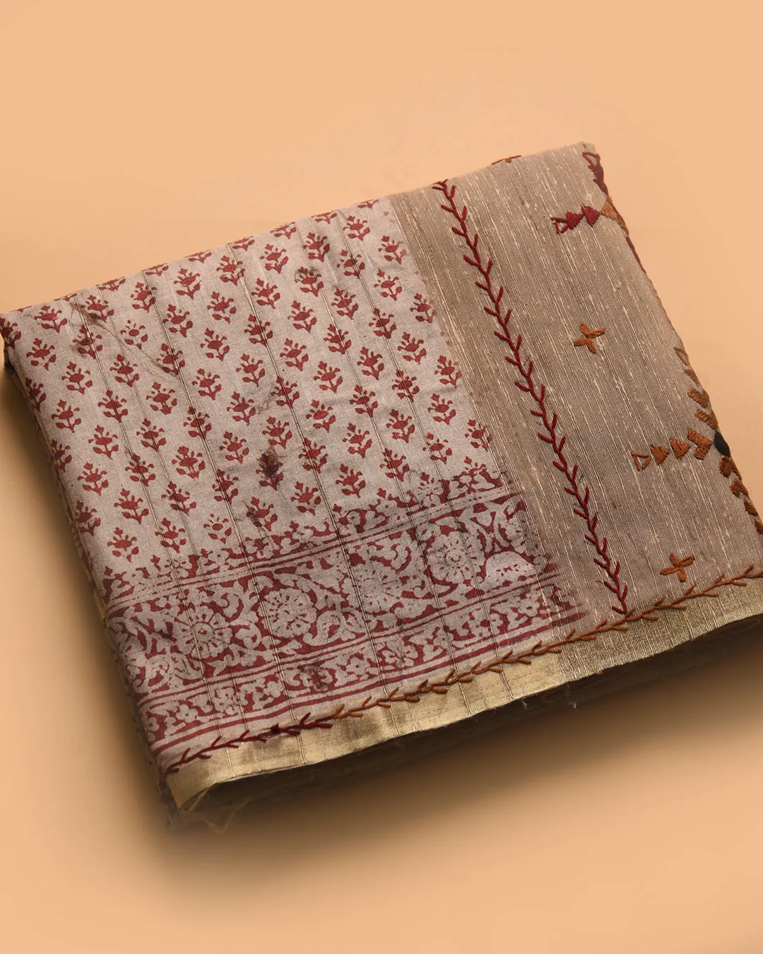 Beige With Rust Chanderi Silk Blend Hand Block Printed With Embroidery Saree With Chanderi Silk Embroidered Blouse