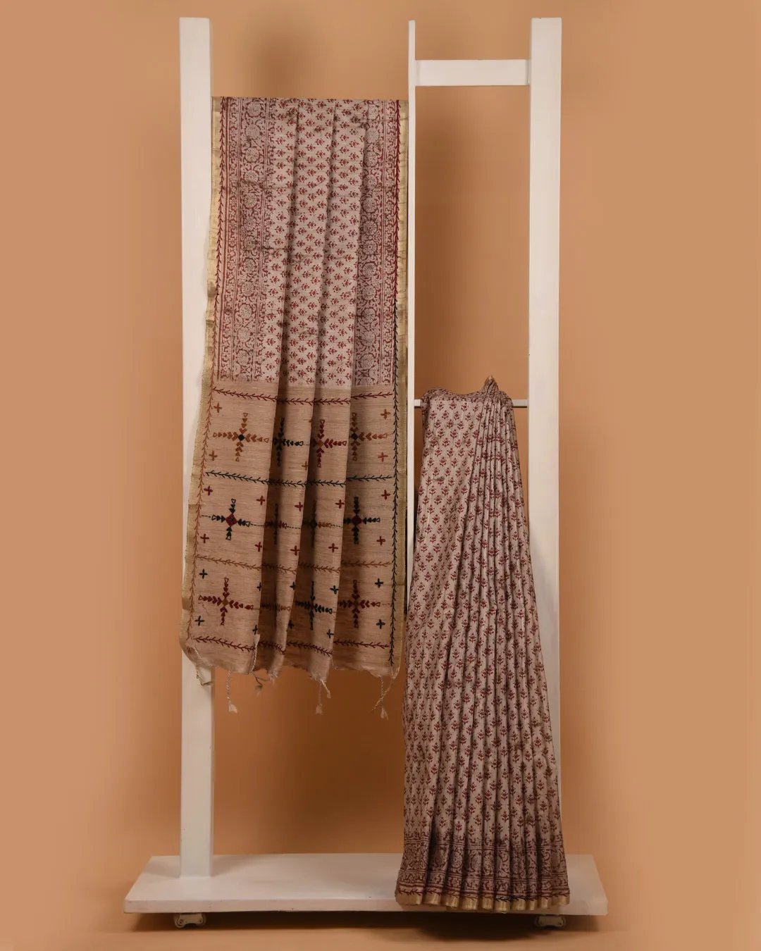 Beige With Rust Chanderi Silk Blend Hand Block Printed With Embroidery Saree With Chanderi Silk Embroidered Blouse