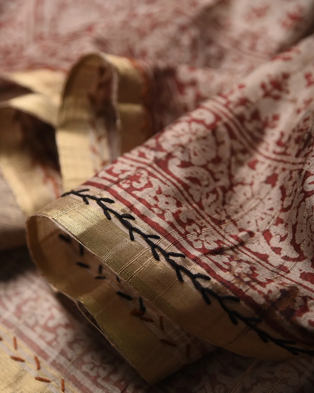 Beige With Rust Chanderi Silk Blend Hand Block Printed With Embroidery Saree With Chanderi Silk Embroidered Blouse