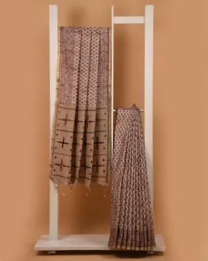 Beige With Rust Chanderi Silk Blend Hand Block Printed With Embroidery Saree With Chanderi Silk Embroidered Blouse