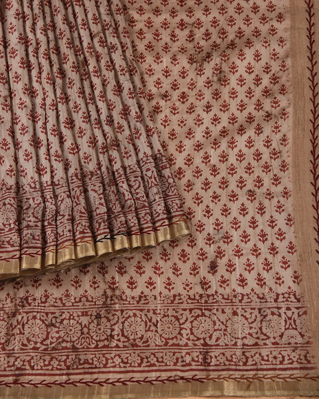 Beige With Rust Chanderi Silk Blend Hand Block Printed With Embroidery Saree With Chanderi Silk Embroidered Blouse