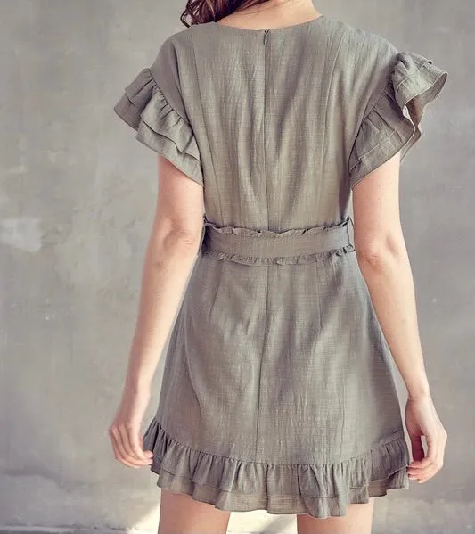 BELTED RUFFLE V NECK MINI DRESS