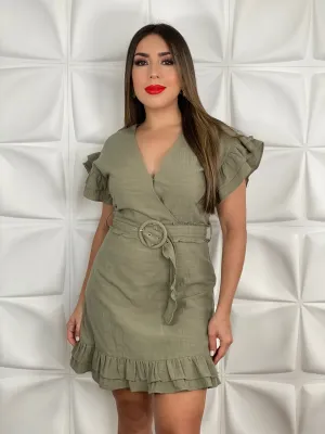 BELTED RUFFLE V NECK MINI DRESS