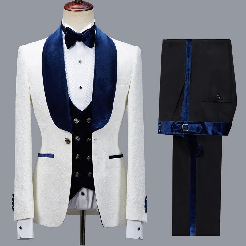 Bespoke White Jacquard Shawl Lapel Men Suit for Wedding