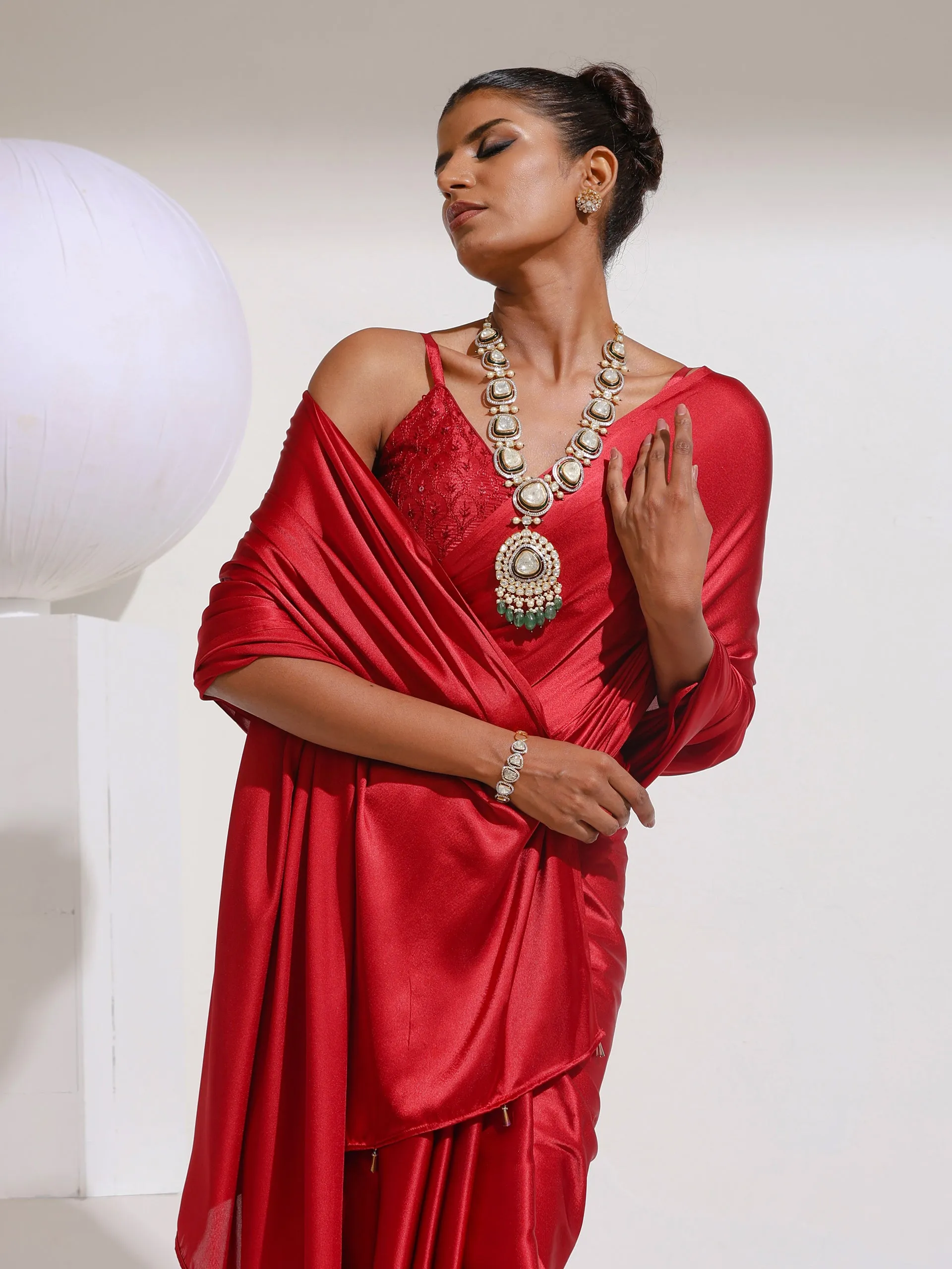 Big Apple Satin Saree with Beads and Embroidered Blouse Fabric