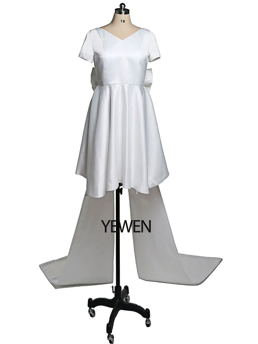 Big Bow train Women Elegant Prom Dress V Neck  Short Sleeve Party Dress Wedding Guest Bridesmaid Dress