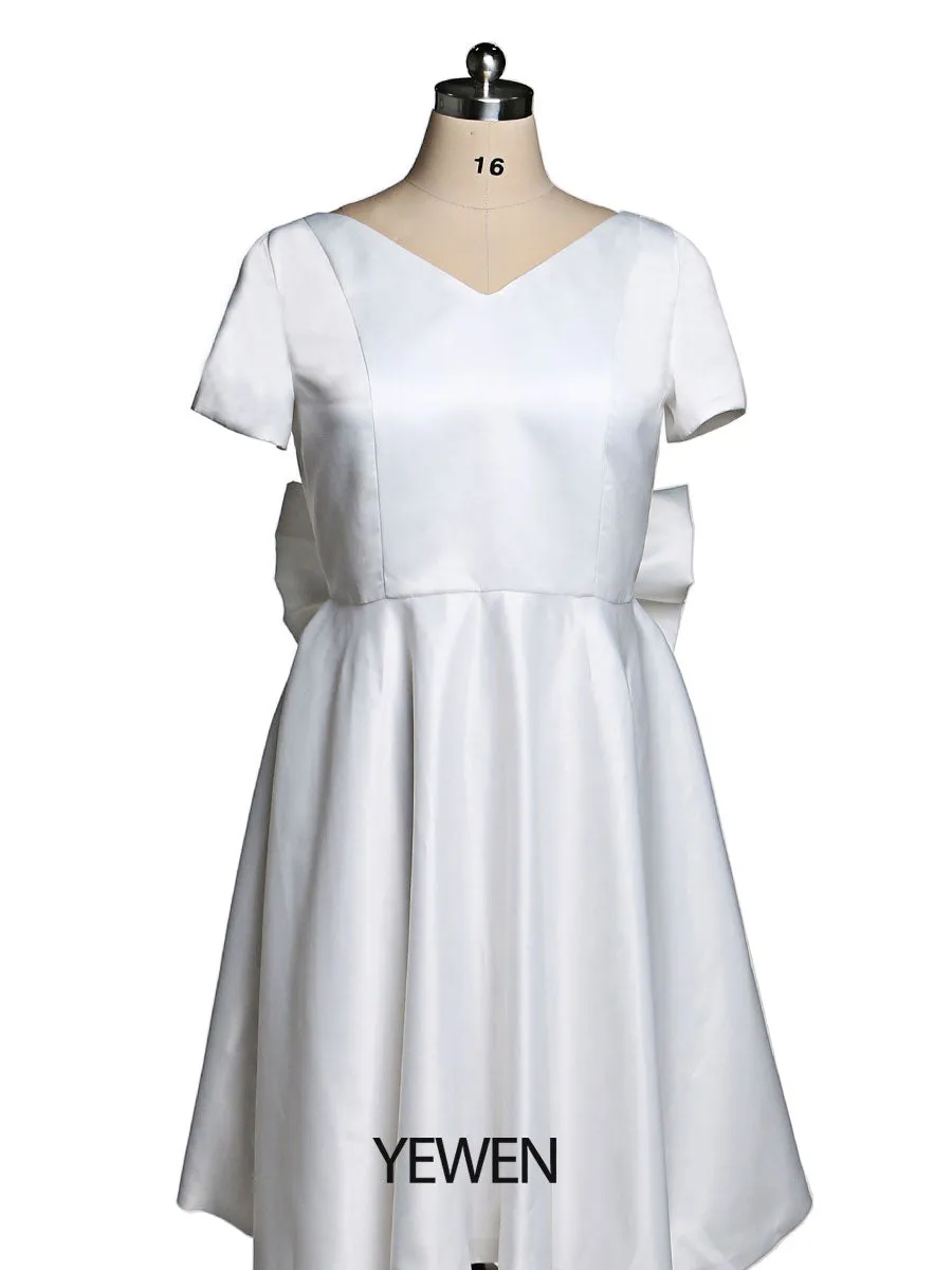 Big Bow train Women Elegant Prom Dress V Neck  Short Sleeve Party Dress Wedding Guest Bridesmaid Dress