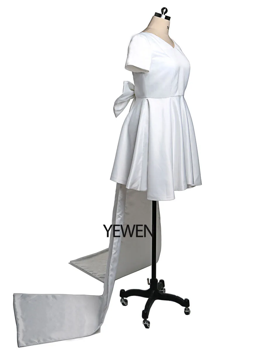 Big Bow train Women Elegant Prom Dress V Neck  Short Sleeve Party Dress Wedding Guest Bridesmaid Dress