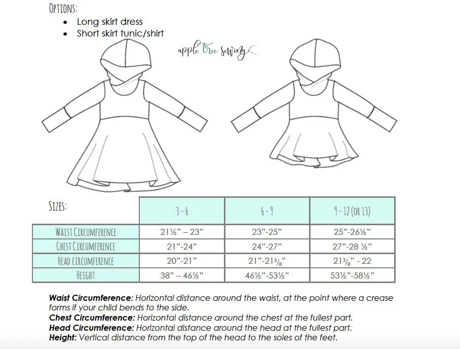 Big Kids Hooded Dress Grow With Me Dress -PDF Apple Tree Sewing Pattern