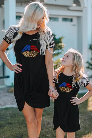 Black American Flag Leopard Lip Print Kids T Shirt Dress