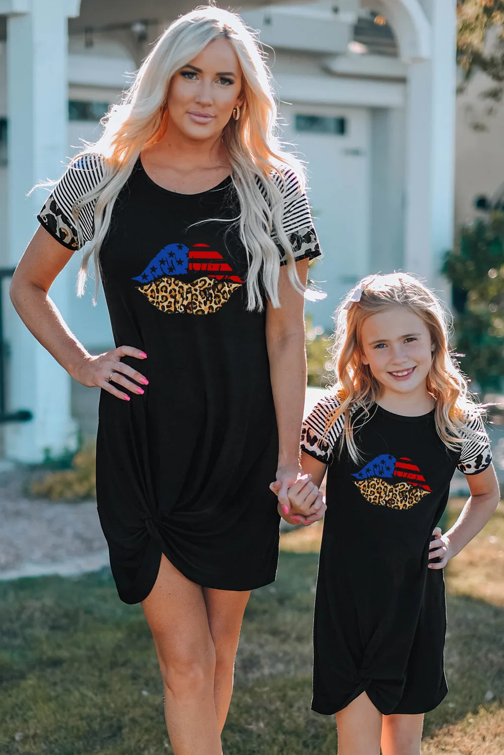 Black American Flag Leopard Lip Print Kids T Shirt Dress