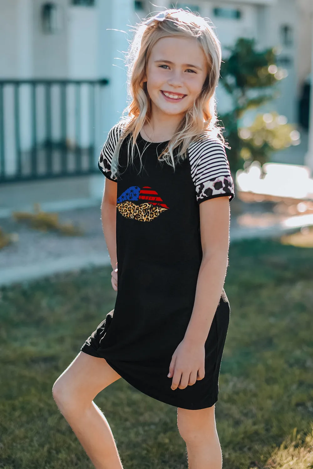 Black American Flag Leopard Lip Print Kids T Shirt Dress