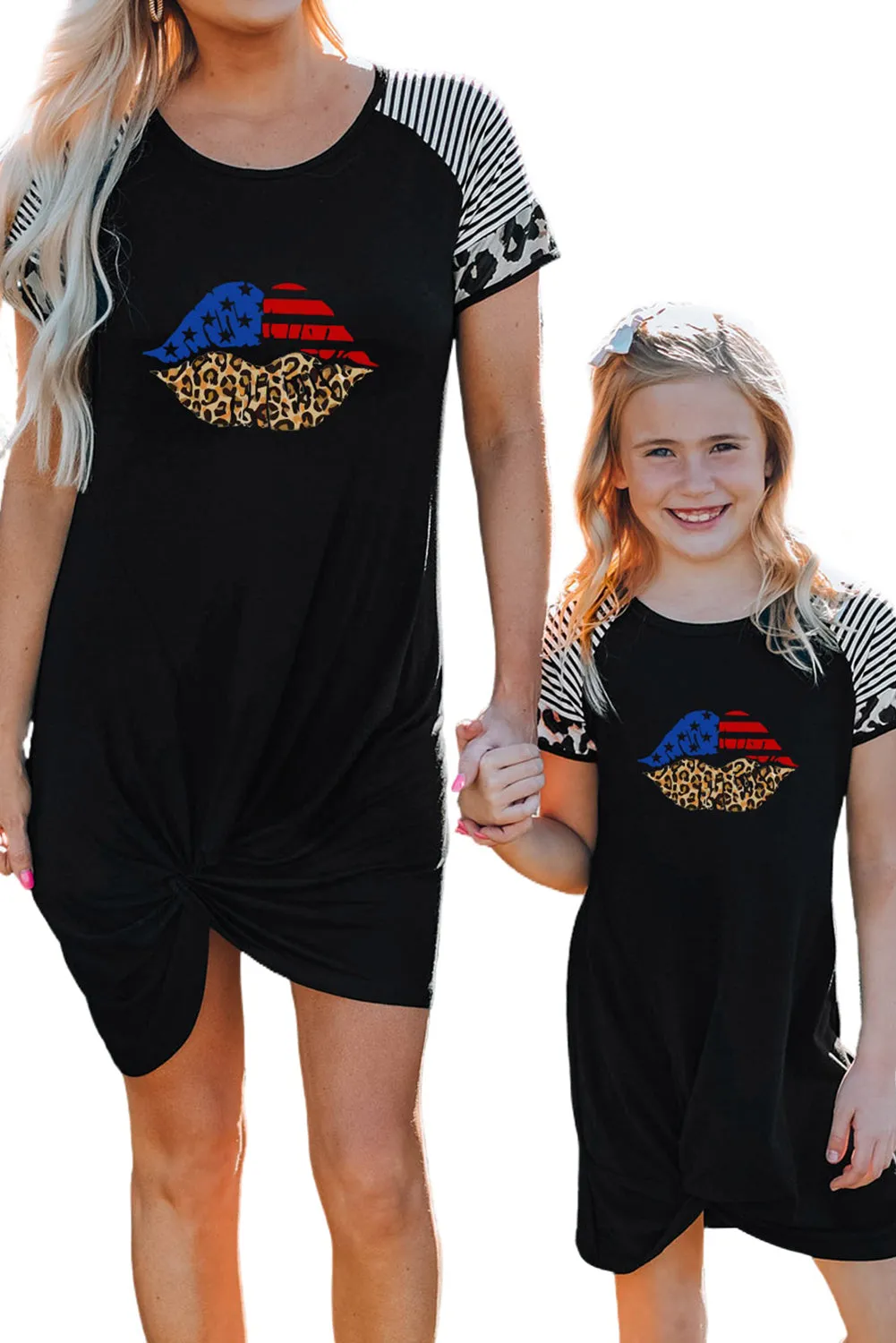 Black American Flag Leopard Lip Print Kids T Shirt Dress