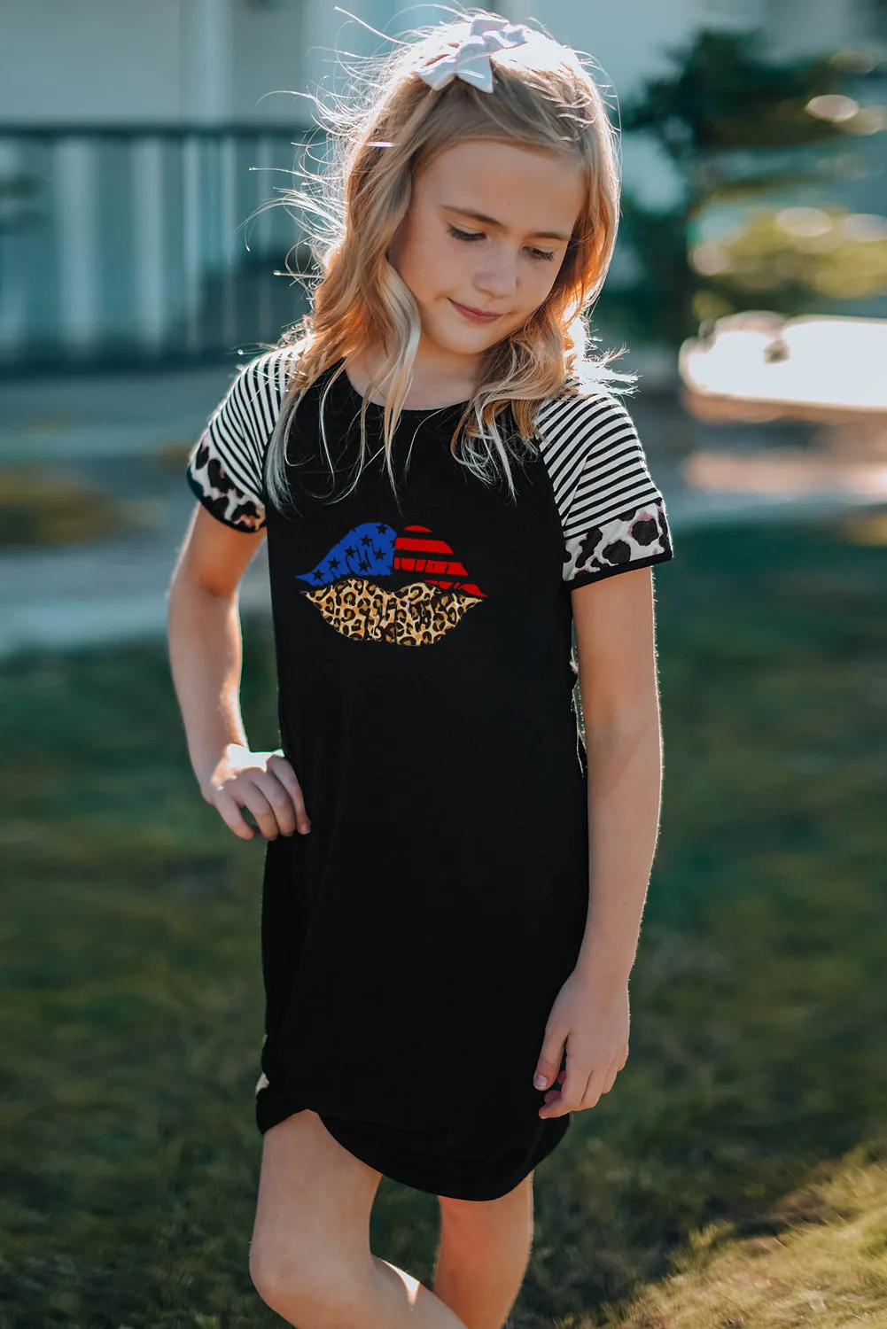 Black American Flag Leopard Lip Print Kids T Shirt Dress
