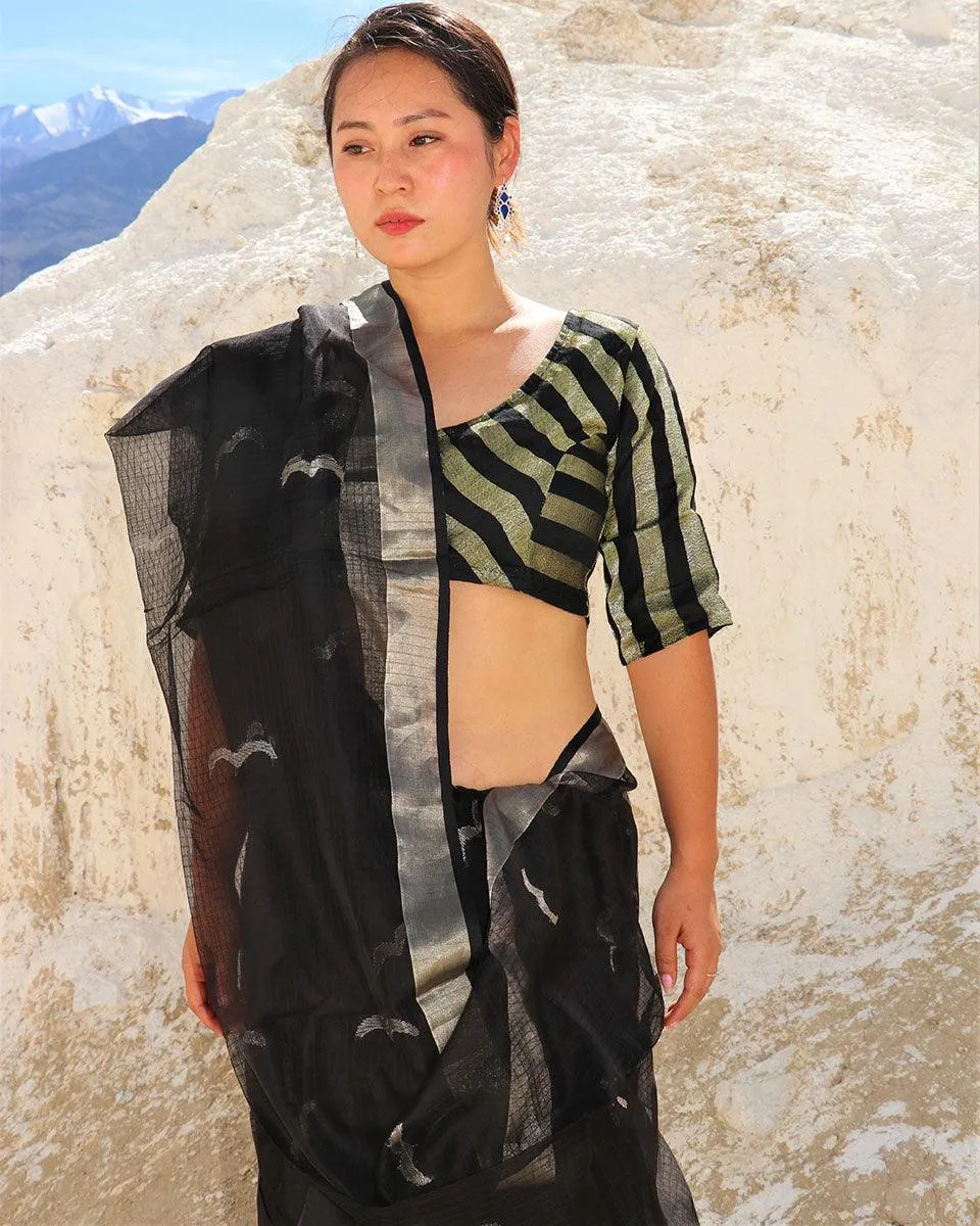 Black & Gold Handwoven Linen Zari Blouse-Samah
