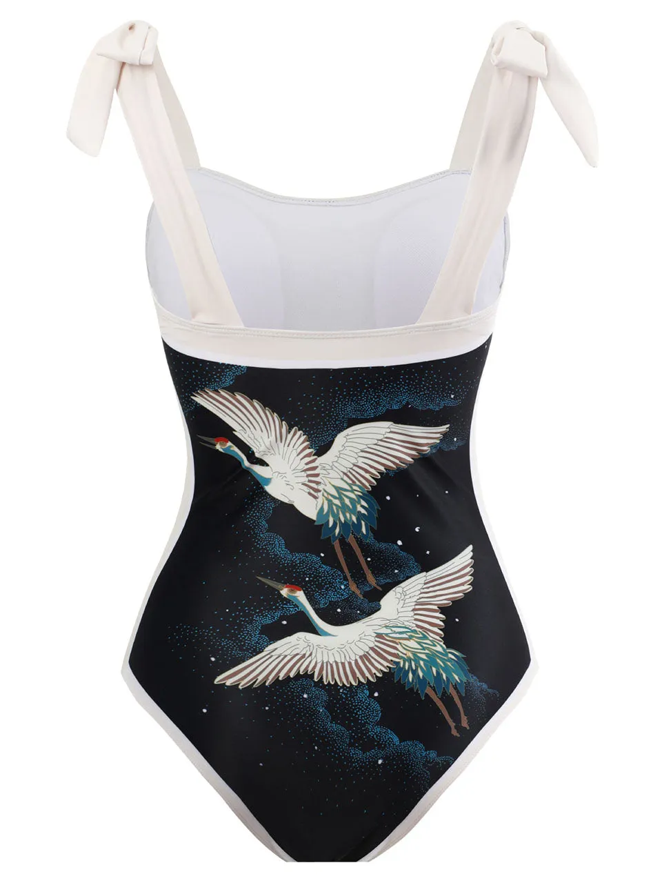 Black Crane Print Flower Strap One Piece With Bathing Suit Wrap Skirt