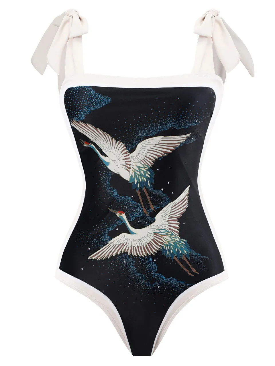 Black Crane Print Flower Strap One Piece With Bathing Suit Wrap Skirt