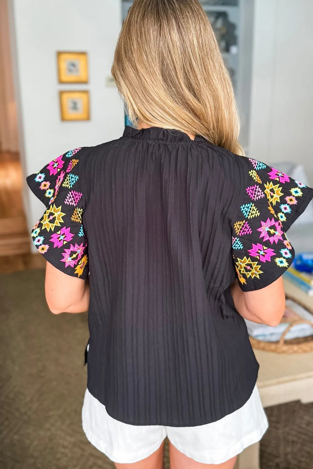 Black Embroidered Ruffle Sleeve Textured Blouse