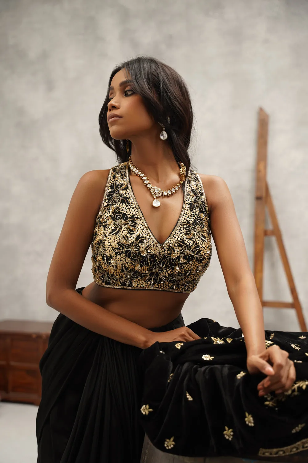 Black Embroidered Saree Set
