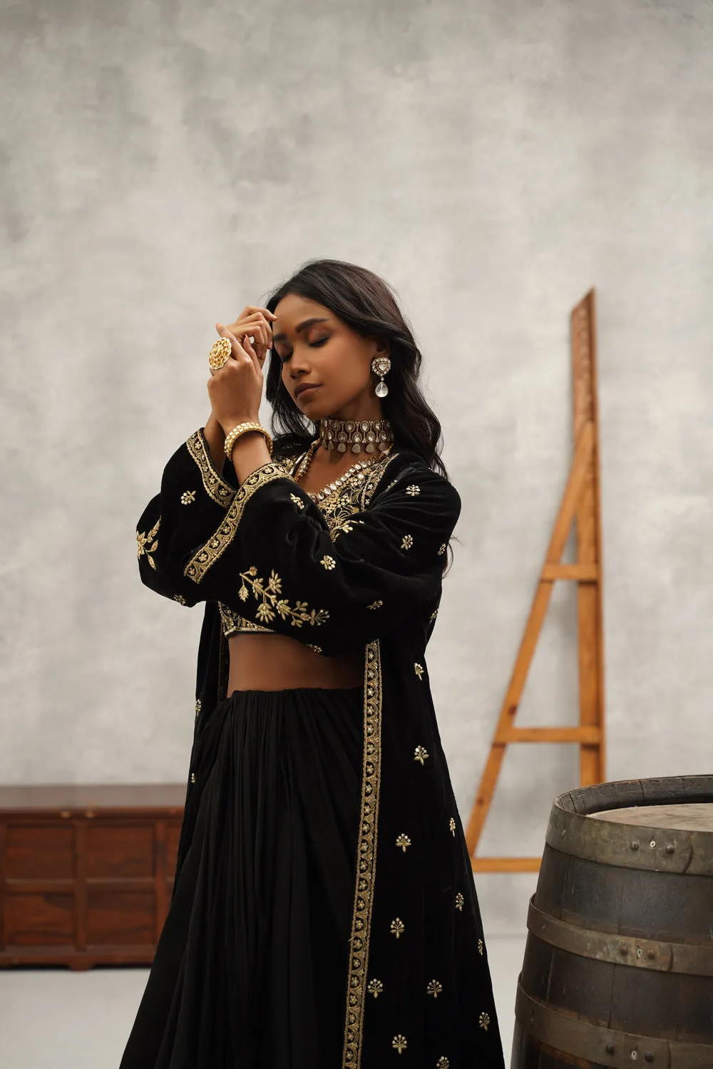 Black Embroidered Saree Set