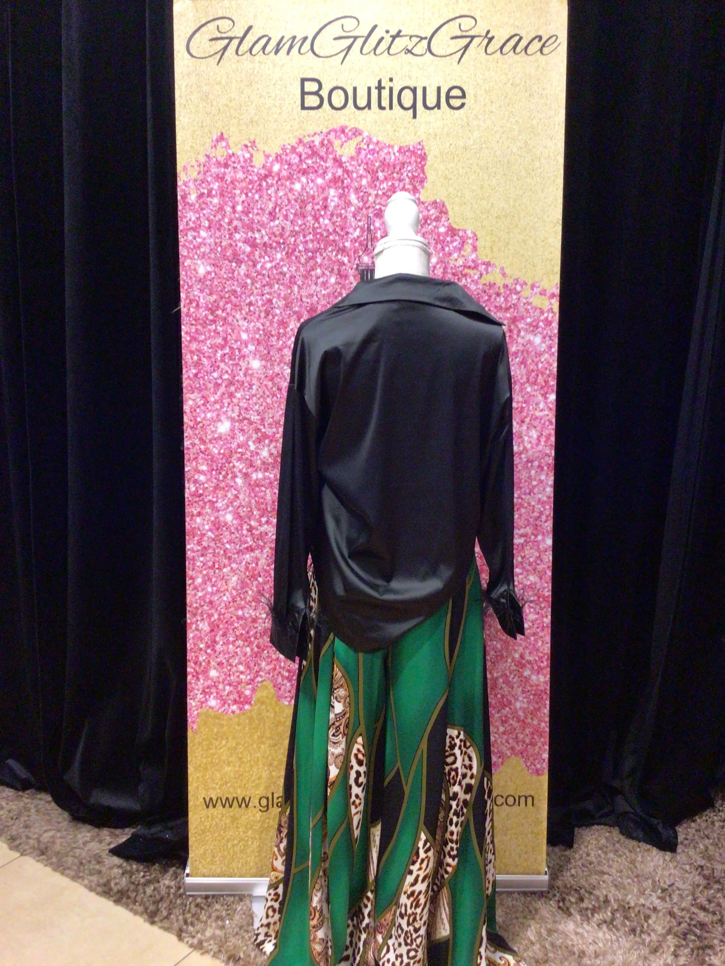 Black Long Sleeves Satin Blouse With Feathers