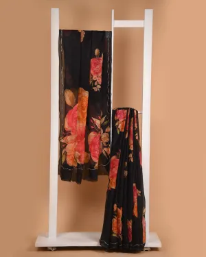 Black Muslin Organza Blend Printed With Embellishment Saree With Georgette Blouse