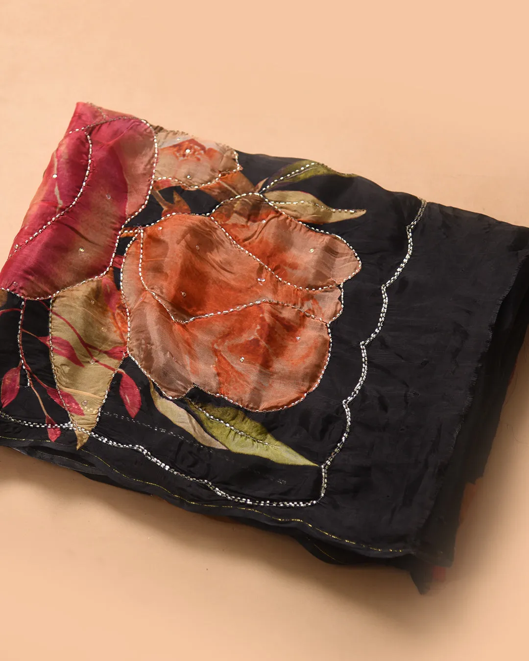 Black Muslin Organza Blend Printed With Embellishment Saree With Georgette Blouse