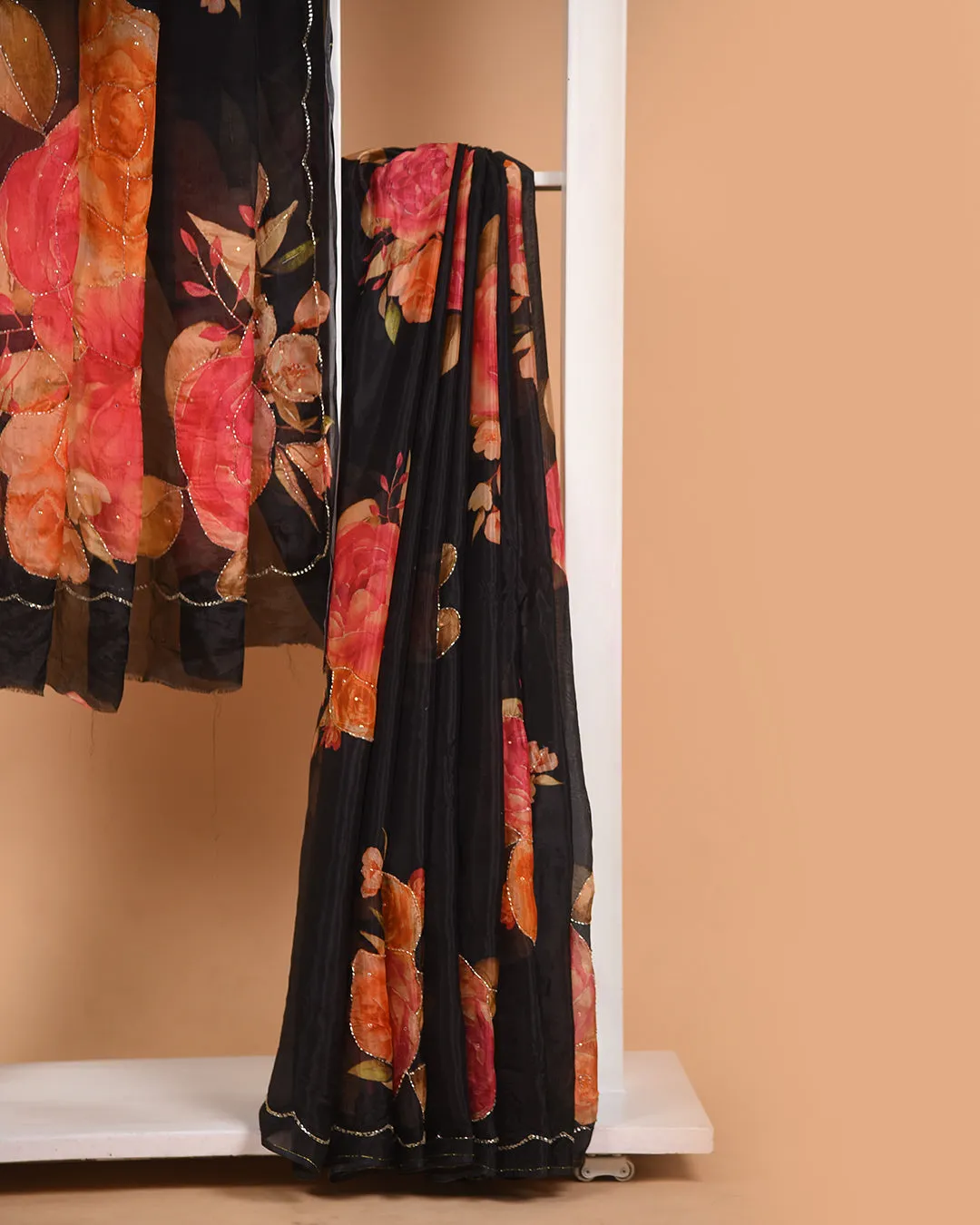 Black Muslin Organza Blend Printed With Embellishment Saree With Georgette Blouse