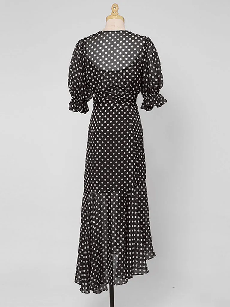 Black Polka Dots V Neck Vintage Style Ruffles Dress