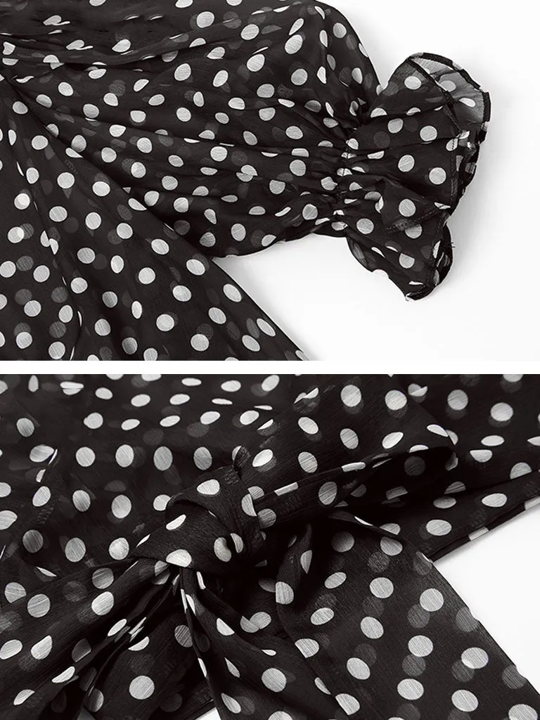 Black Polka Dots V Neck Vintage Style Ruffles Dress